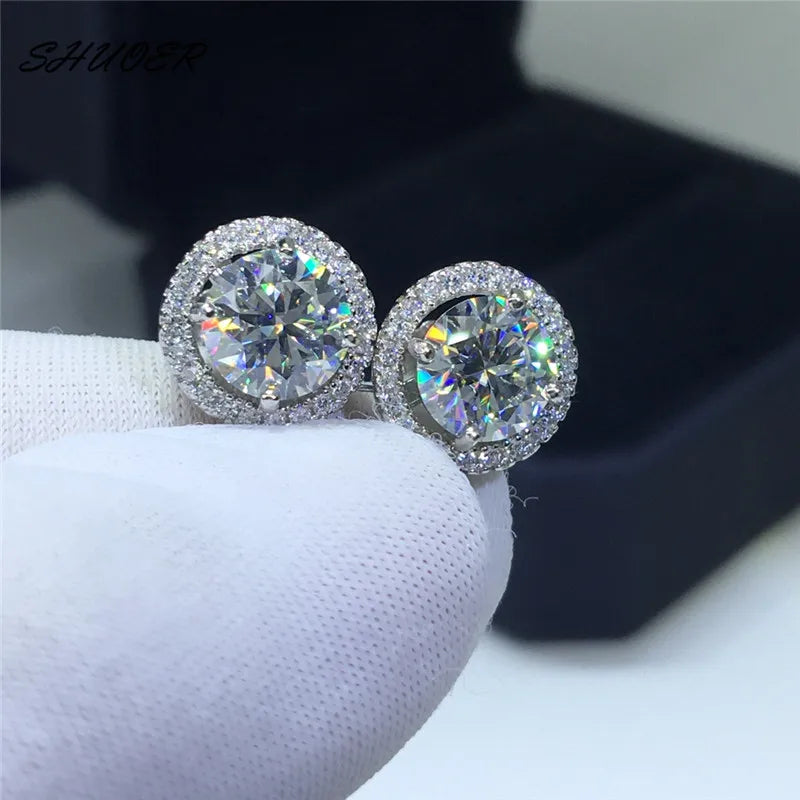 Classic 9K White Gold Total 4 ct Round Brilliant Cut Pass Diamond Tester D Color Moissanite Wedding Stud Earrings Women Jewelry - She Vibess By C2P