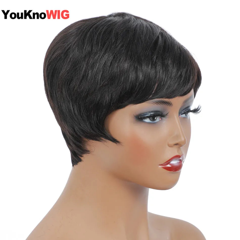 Short Pixie Cut Wig Human Hair For Women Machine Made Wigs With Bangs Brazilian Human Hair Wigs Cheap Pixie Cut WigsOn Sale - She Vibess By C2P