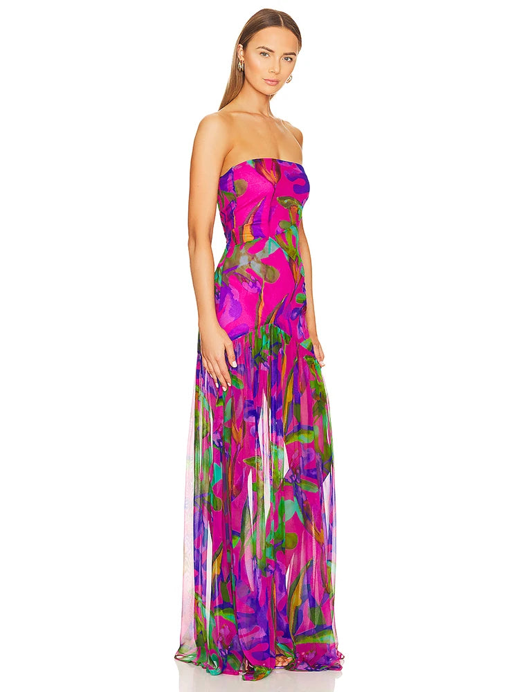 Summer Strapless Floral Printed Long Dress Women Fashion Sleeveless Print Split Maxi Dress Elegant Beach Party Evening Dresses - She Vibess By C2P