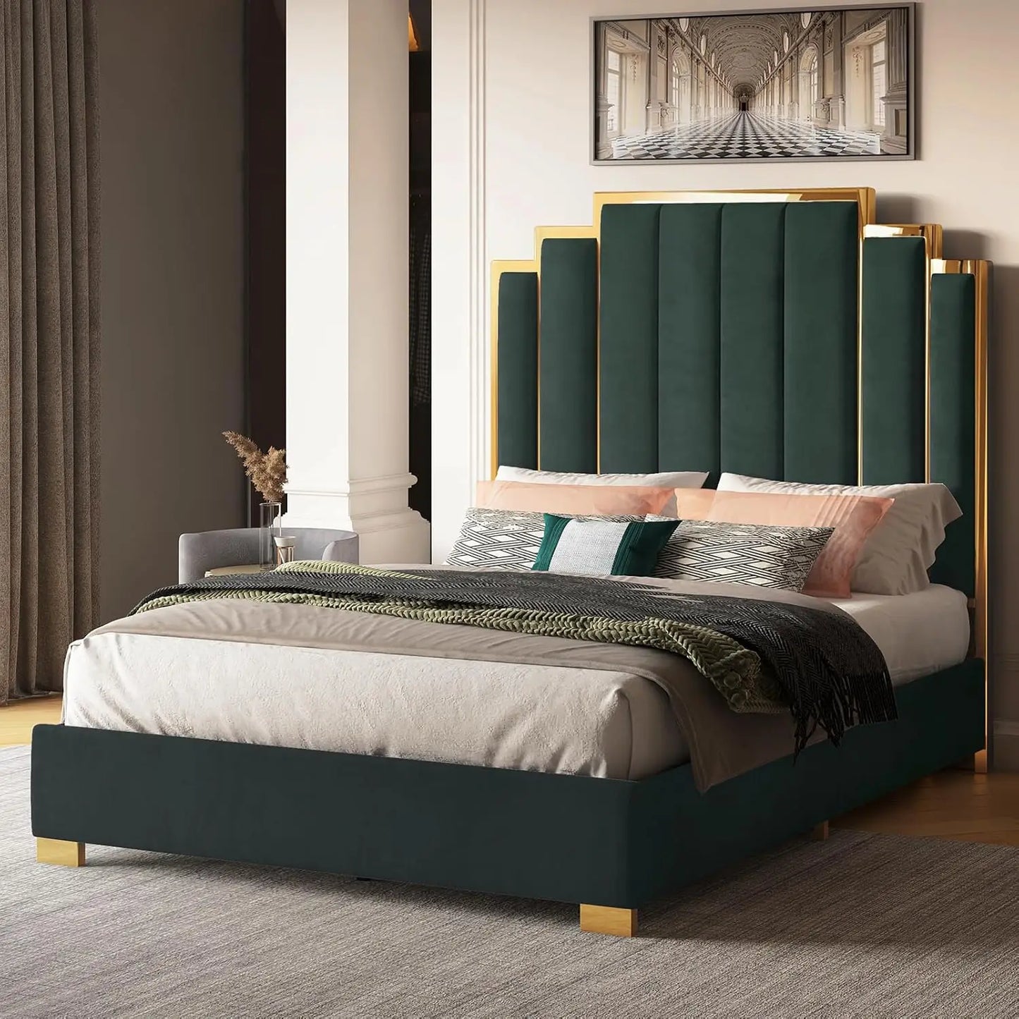 Albott King Size Platform Bed Frame, 65" Velvet Upholstered Bed with Gold Trim Headboard/Wooden Slats/No Box Spring Needed/Black - She Vibess By C2P