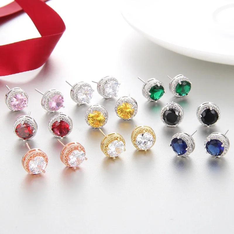 LXOEN Fashion White Clear 8mm Round Cubic Zircon Stud Earrings For Women Wedding Jewelry Trendy Crystal Earrings brinco Gift - She Vibess By C2P
