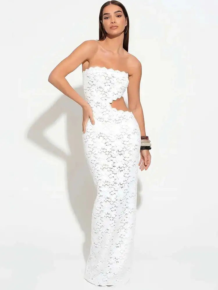 Blifanbo Backless Sexy Off-shoulder Maxi Dress Women Lace Sleeveless Strapless Hollow Out Skinny Club Party Long Dress Elegant - She Vibess By C2P