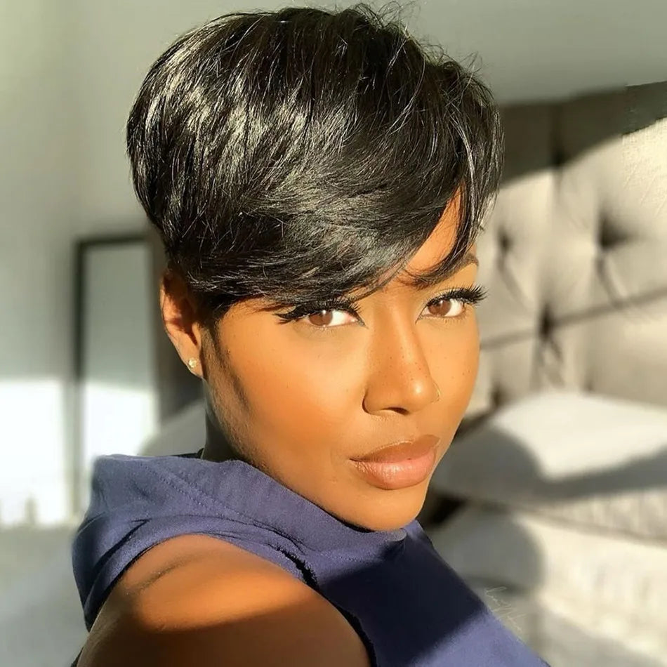 Short Pixie Cut Wig Human Hair For Women Machine Made Wigs With Bangs Brazilian Human Hair Wigs Cheap Pixie Cut WigsOn Sale - She Vibess By C2P