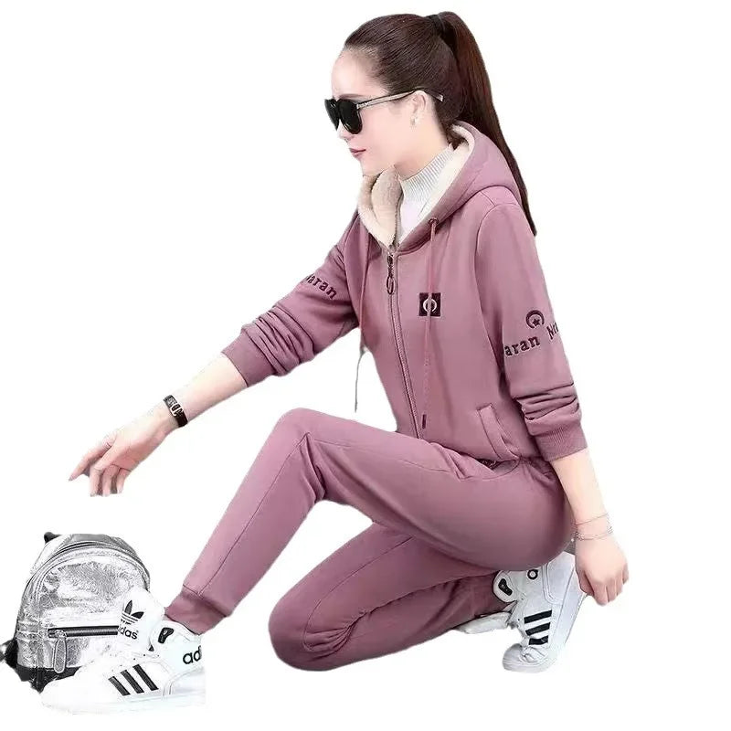 Fashionable Thickened Fleece Set Women's Loose Casual Outfit Hoodie with Pocket Two-Piece Autumn Winter Style Streetwear - She Vibess By C2P