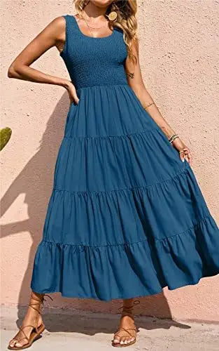 Dresses For Women 2024 Summer Sexy Elegant Sleeveless Floral Solid Color Long Dress Fashion Elastic Waist Beach Party Big Swing - She Vibess By C2P