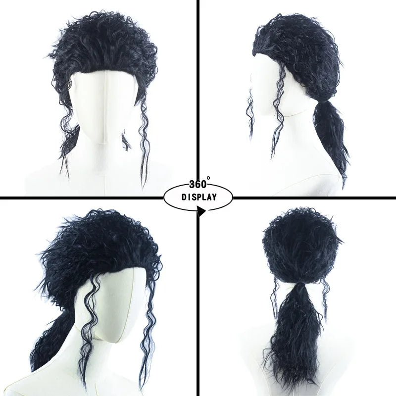 MJ Michael Cosplay Black Wig Jackson Michael Role Play Medium Long Curly Black Hair Pigtail Wig Halloween Cos Wigs + wig cap - She Vibess By C2P