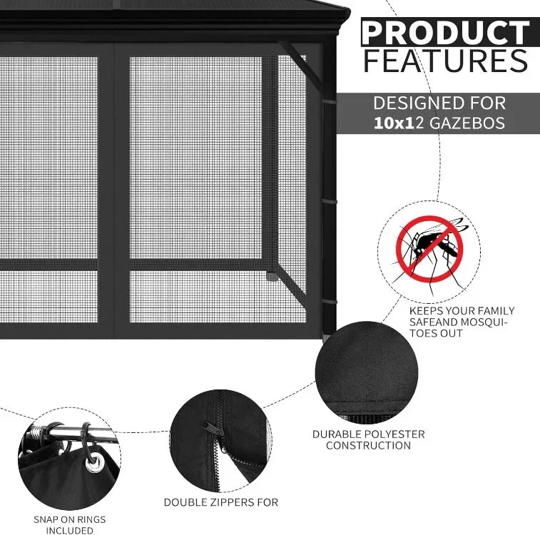 10' x 12' Outdoor Mesh Netting Screen 4-Panel Sidewall with Zipper Gazebo Universal Replacement Mosquito Netting - She Vibess By C2P