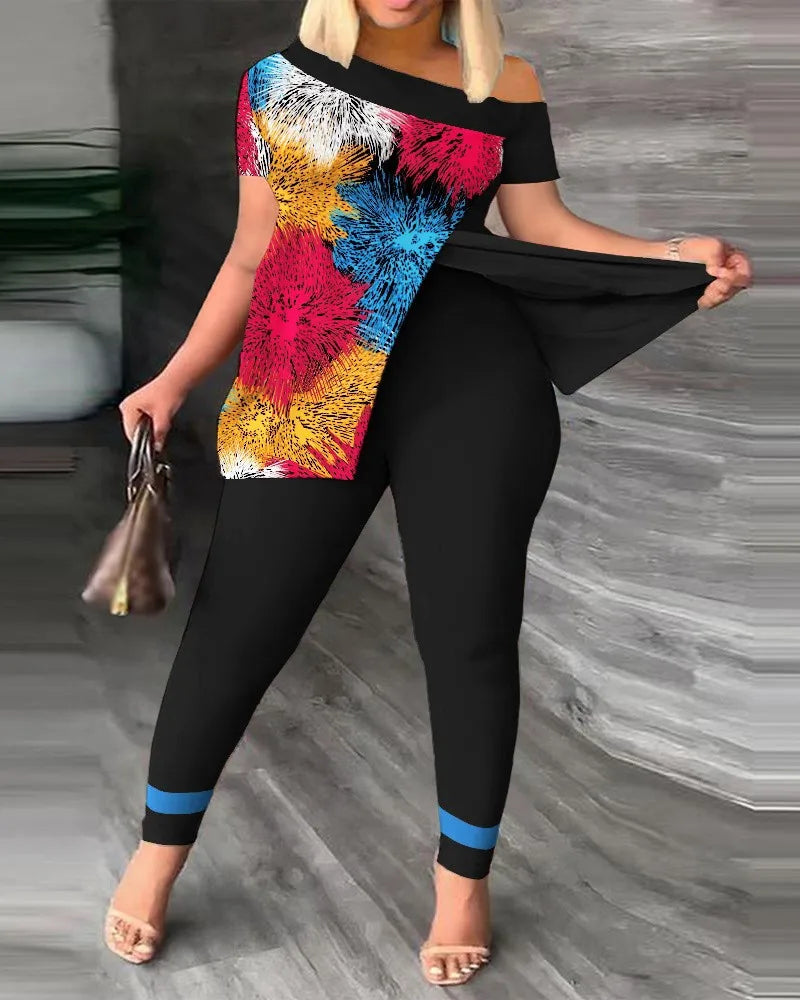 Elegant Women Two Piece Set Suits New Fashion Printed Ruffle Sleeve Top Solid Color Pants Set With Belt Blouses Female Clothing - She Vibess By C2P