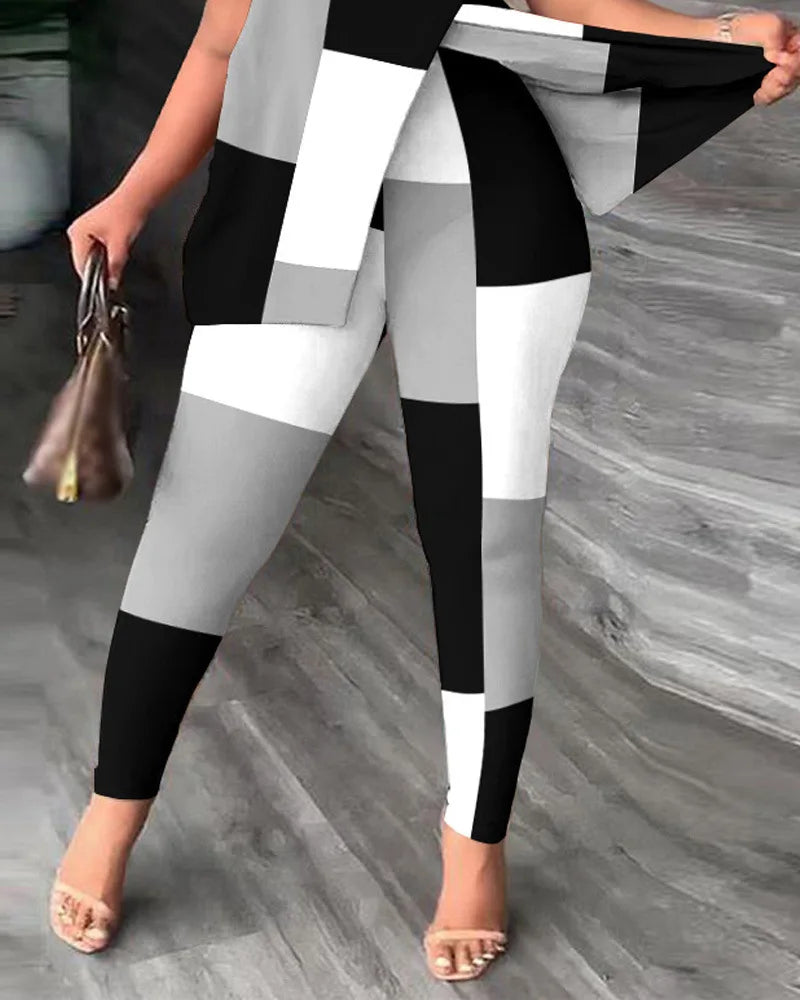 Elegant Women Two Piece Set Suits New Fashion Printed Ruffle Sleeve Top Solid Color Pants Set With Belt Blouses Female Clothing - She Vibess By C2P