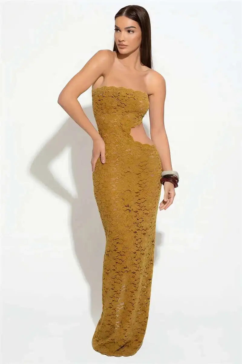 Blifanbo Backless Sexy Off-shoulder Maxi Dress Women Lace Sleeveless Strapless Hollow Out Skinny Club Party Long Dress Elegant - She Vibess By C2P