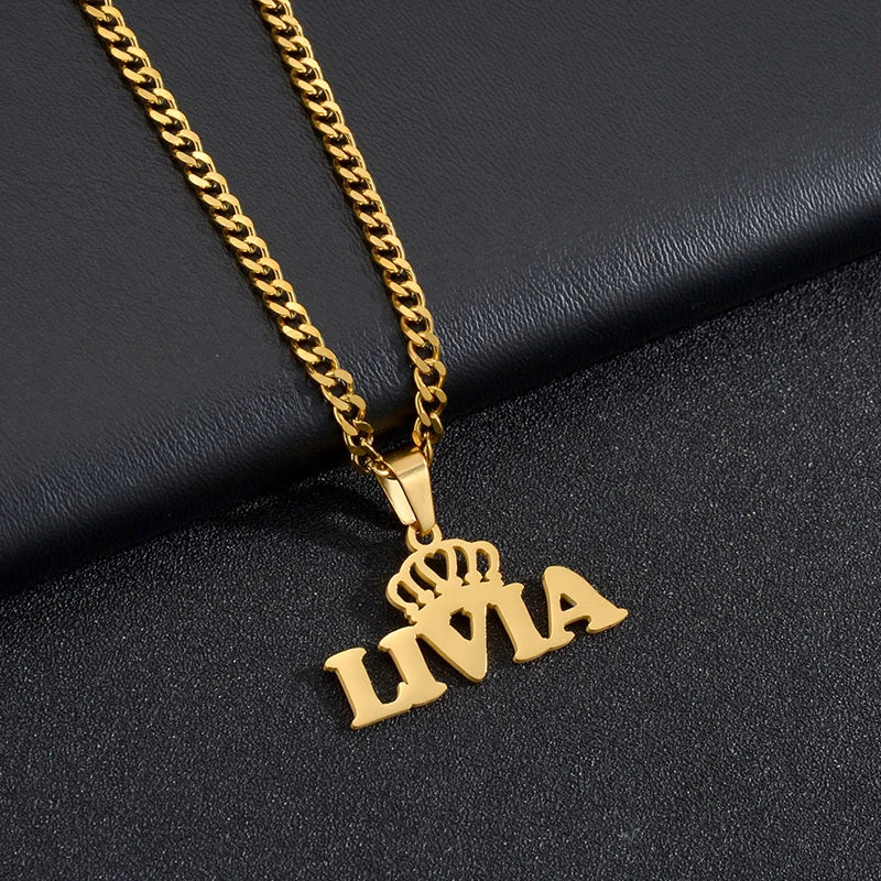 Goxijite Customized Name Pendant For Men Women Stainless Steel Personalized Big Crown Letter Necklace Thick Chain Jewelry Gift - She Vibess By C2P