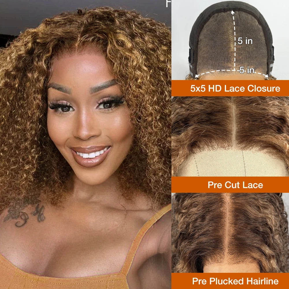 Deep Wave Honey Blonde Glueless Bob Wigs Human Hair Pre Plucked Pre Cut Highlight Wear and Go Curly Wigs Ombre HD Lace Front Wig - She Vibess By C2P