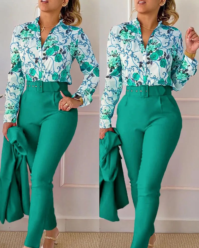 Autumn Winter Stand Neck Floral Print Long Sleeve Shirt Pants Two Piece Sets Elegant Women Casual Shirt Trousers Suits With Belt - She Vibess By C2P
