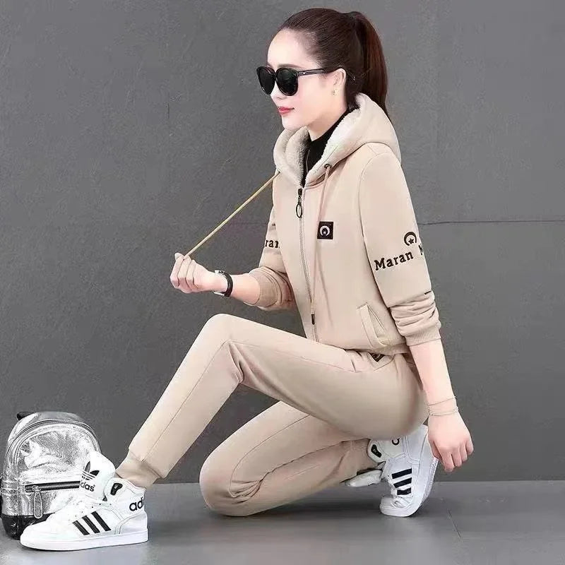 Fashionable Thickened Fleece Set Women's Loose Casual Outfit Hoodie with Pocket Two-Piece Autumn Winter Style Streetwear - She Vibess By C2P