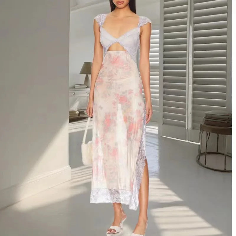 Summer New Lace Backless Shoulder Strap Splicing Slit Pattern Long Dress Women's Clothing - She Vibess By C2P