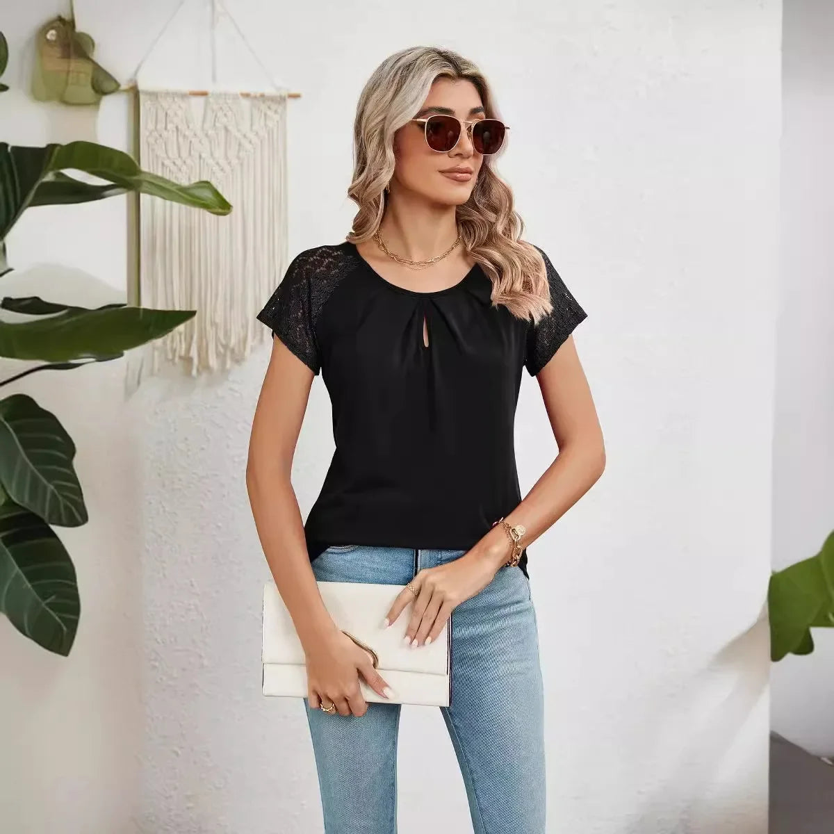 2025 New Women Summer Top Solid Round Neck Lace Patchwork Short Sleeved T-shirt Top Casual Tops Unique Tees Women's Clothing - She Vibess By C2P