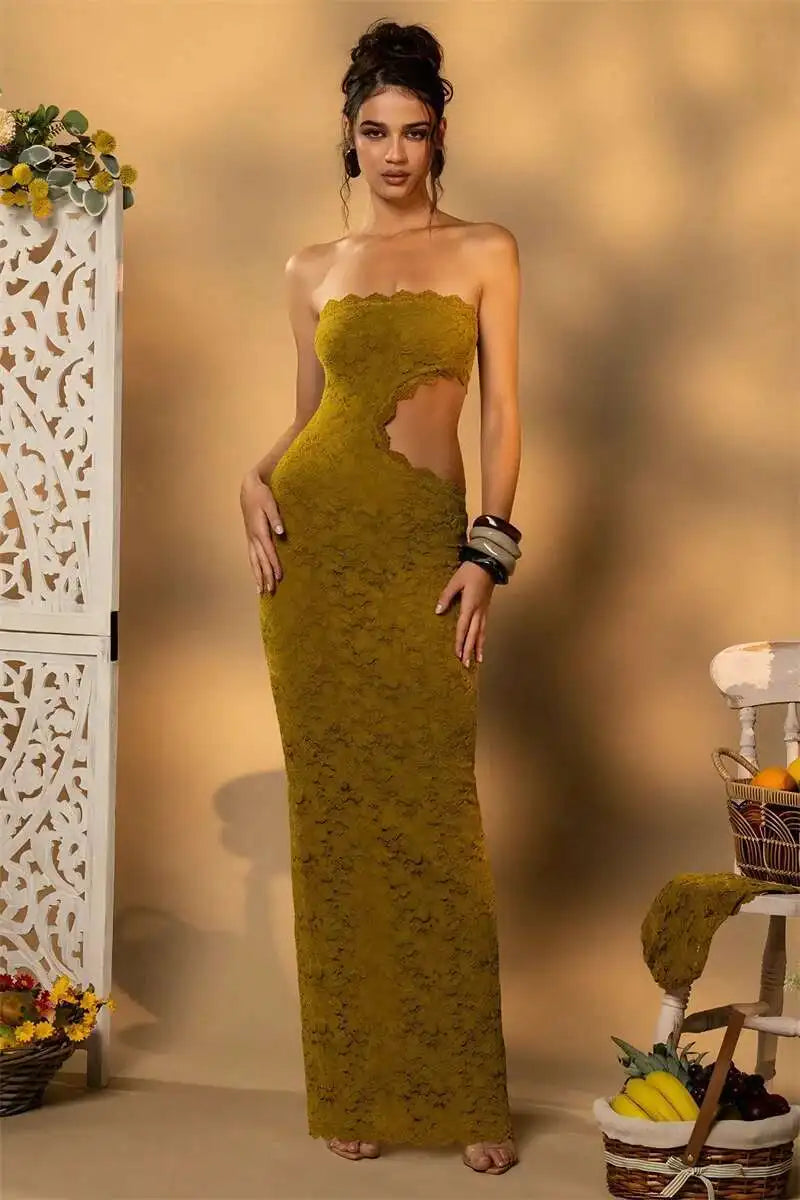 Blifanbo Backless Sexy Off-shoulder Maxi Dress Women Lace Sleeveless Strapless Hollow Out Skinny Club Party Long Dress Elegant - She Vibess By C2P