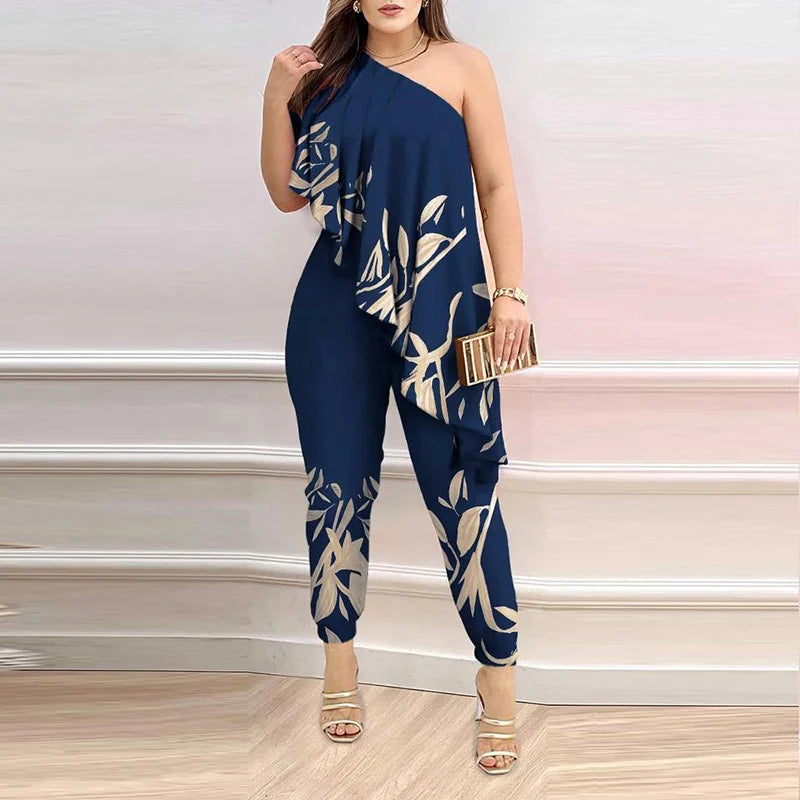 New Pencil Pants Playsuits Women Summer Loungewear Printing Fashion Skew Collar Sleeveless Ruffles Ladies Jumpsuits - She Vibess By C2P