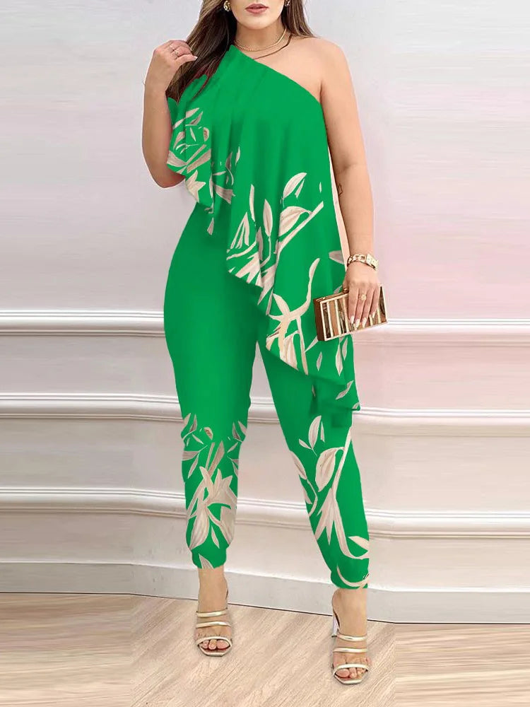 New Pencil Pants Playsuits Women Summer Loungewear Printing Fashion Skew Collar Sleeveless Ruffles Ladies Jumpsuits - She Vibess By C2P