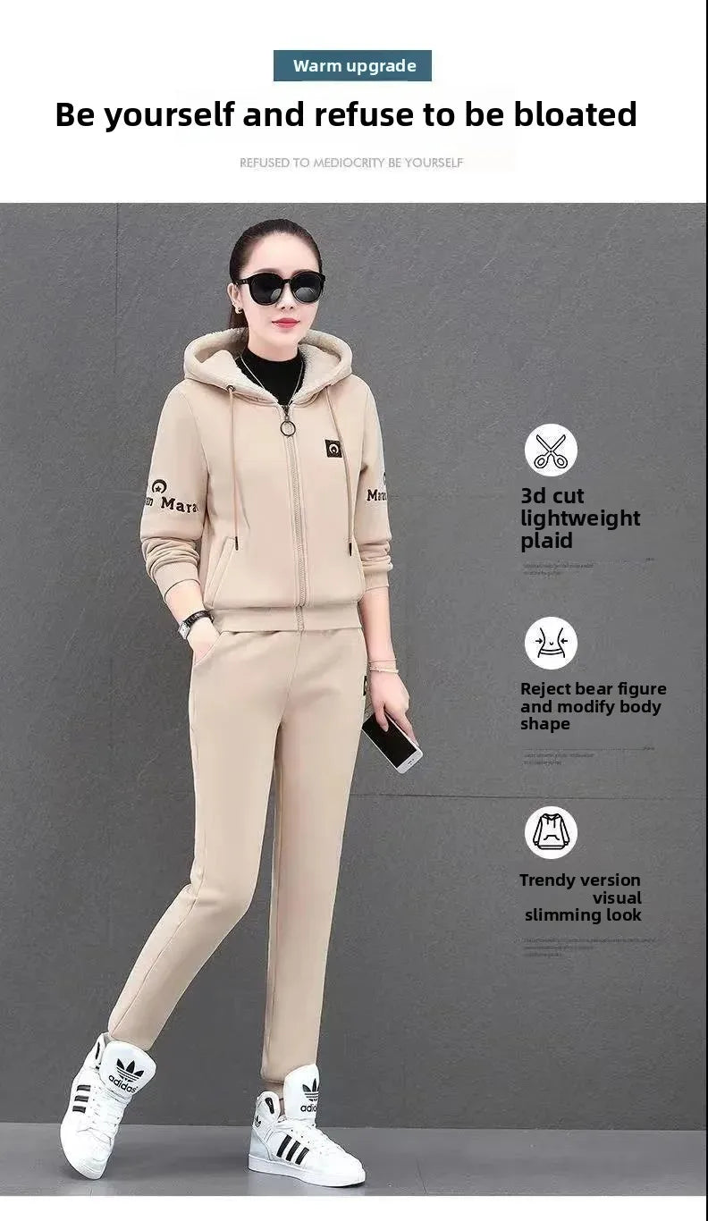 Fashionable Thickened Fleece Set Women's Loose Casual Outfit Hoodie with Pocket Two-Piece Autumn Winter Style Streetwear - She Vibess By C2P