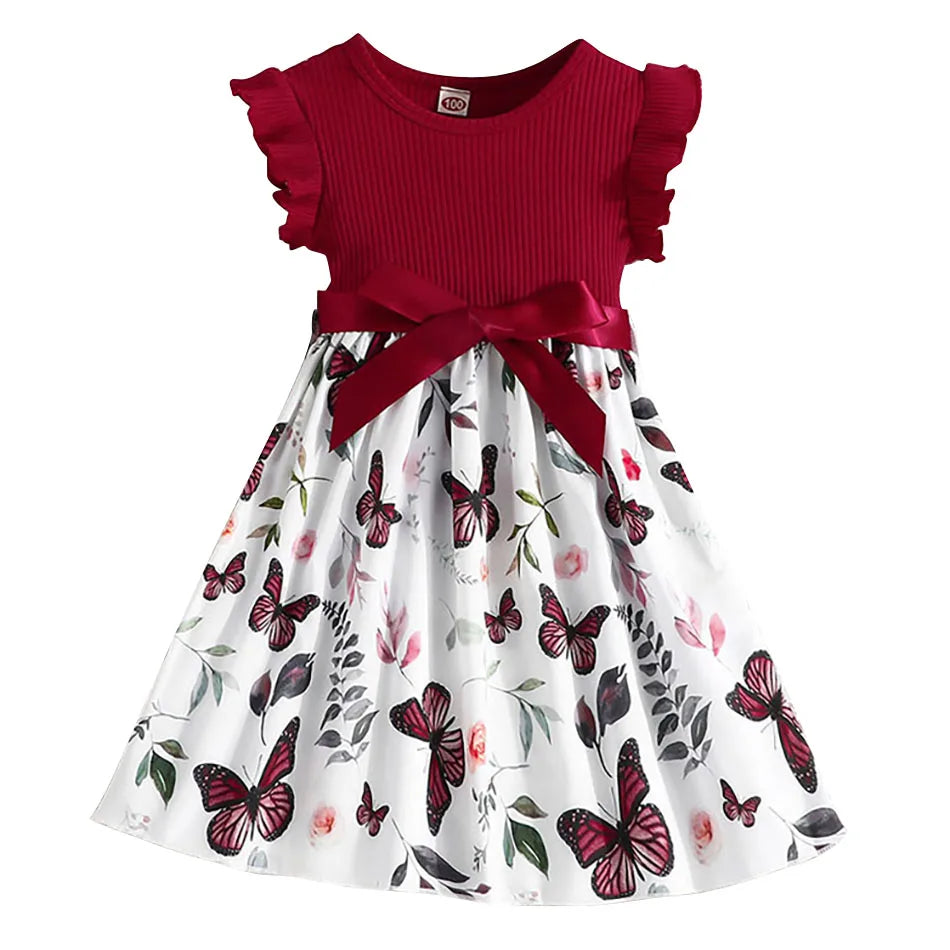 Cute and Comfortable Girls Summer Dress with Butterfly Print and Pitted Stripes Wear Special Occasions Girls Casual Dresses - She Vibess By C2P