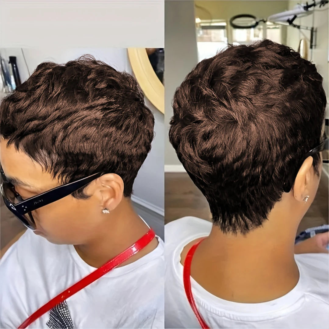 Short Pixie Cut Wig Human Hair For Women Machine Made Wigs With Bangs Colored Wig 180 Density - She Vibess By C2P