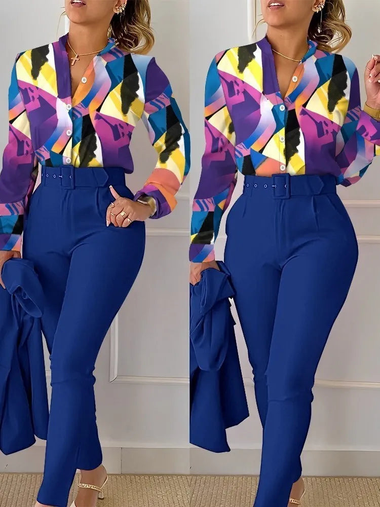 Autumn Winter Stand Neck Floral Print Long Sleeve Shirt Pants Two Piece Sets Elegant Women Casual Shirt Trousers Suits With Belt - She Vibess By C2P