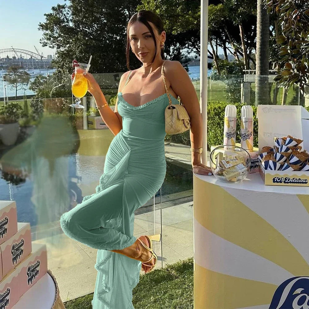 Suninheart Irregular Mesh Party Dresses 2024 New Arrivals Spaghetti Strap Bodycon Dress Fashion Ruched Long Dress Women - She Vibess By C2P