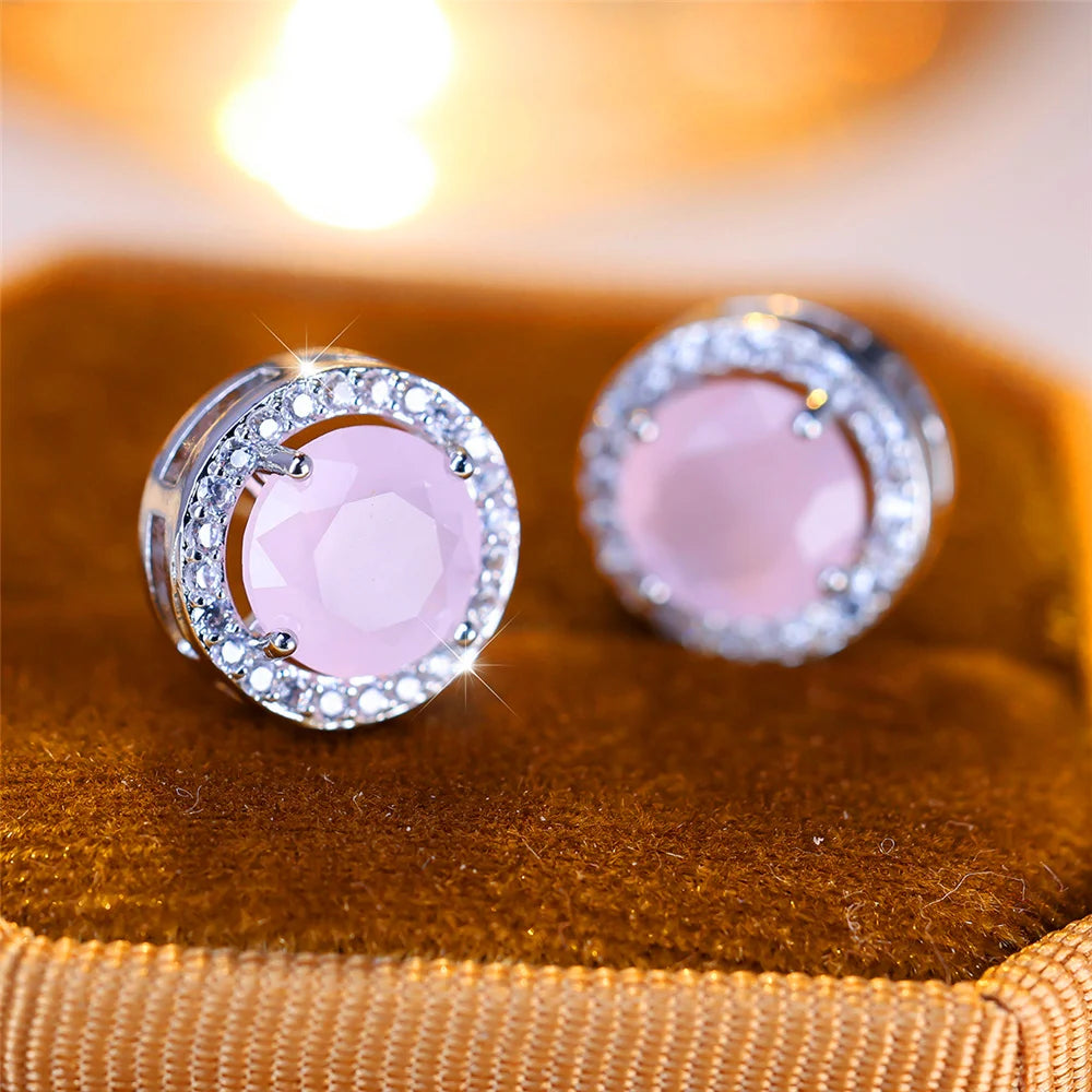 Luxury Female Crystal Purple Blue Green Round Stud Earrings Silver Color Wedding Jewelry For Women - She Vibess By C2P