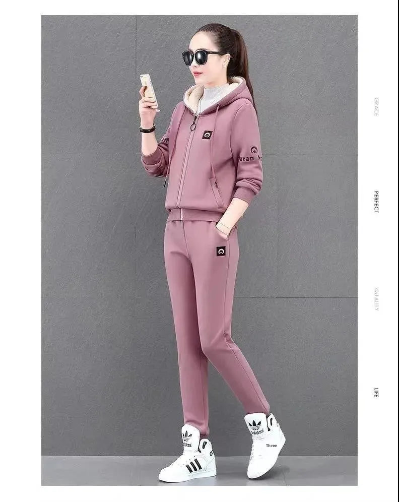 Fashionable Thickened Fleece Set Women's Loose Casual Outfit Hoodie with Pocket Two-Piece Autumn Winter Style Streetwear - She Vibess By C2P