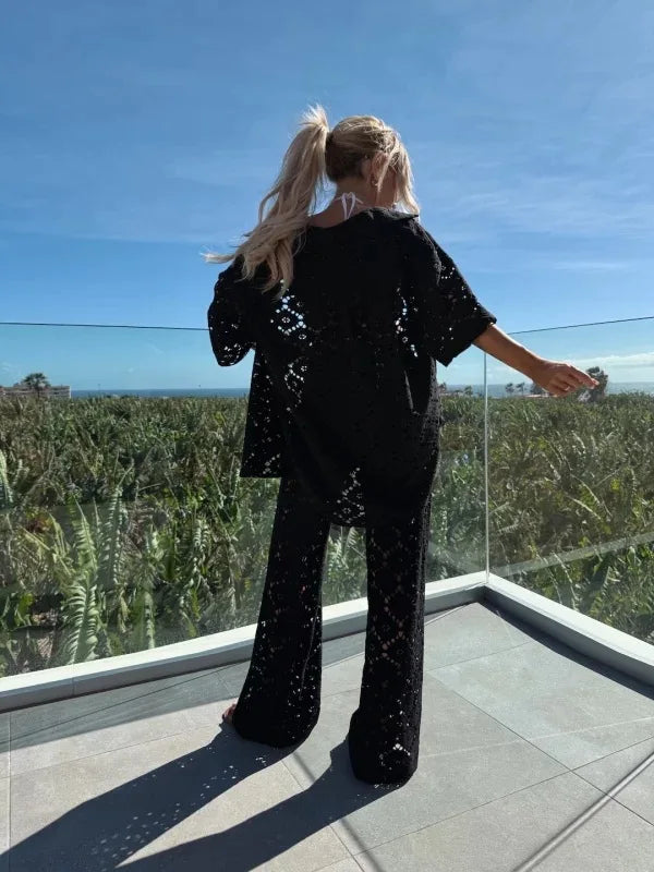 Fashion Lace Two Piece Set Lady Loose Lapel Half Sleeved Single Breasted Shirt Casual Trousers Suit Sexy Hollow Women Clothing