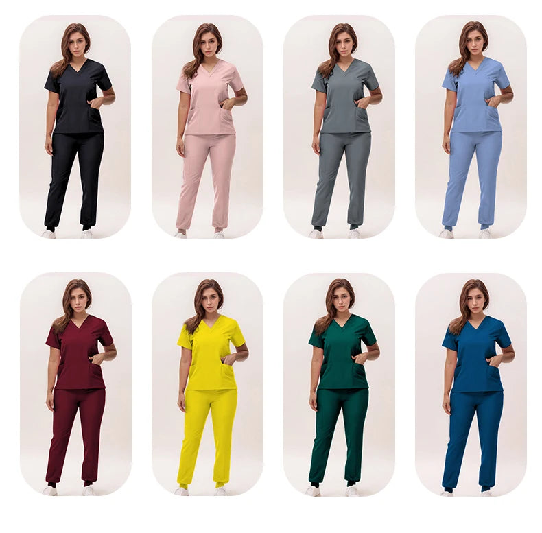2025 New Nurse Uniforms V-neck Top Jogger Pants Scrub Sets Surgical Workwear Dentist Nursing Suit Hospital Doctor Outfit S21 - She Vibess By C2P