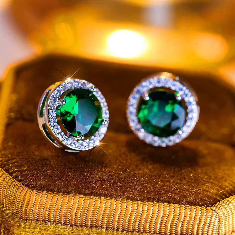 Luxury Female Crystal Purple Blue Green Round Stud Earrings Silver Color Wedding Jewelry For Women - She Vibess By C2P