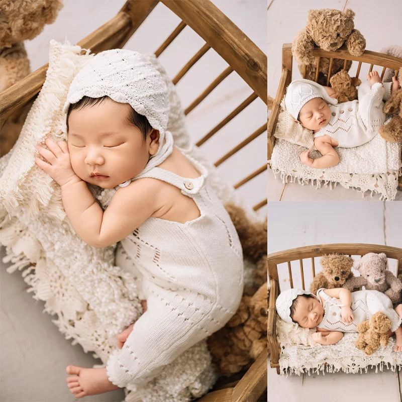 Baby Photography Knitted Clothing Cute Bear Dolls Baby Tassel Pillow Blanket Photo Props Newborn Photo Jumpsuit + Hat Costume - She Vibess By C2P