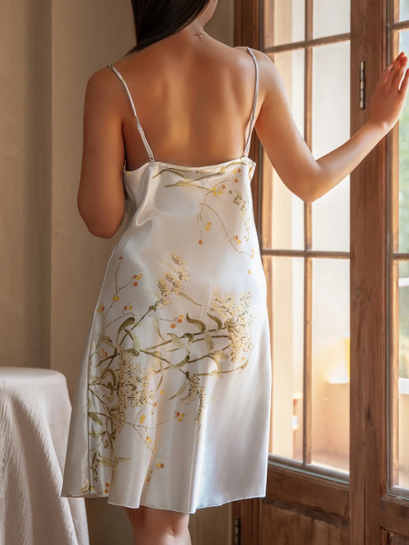 Print Flower Nightgown Female Chemise Sleepwear Home Dress Sexy Spaghetti Strap Nightdress Intimate Lingerie Silk Satin Homewear - She Vibess By C2P
