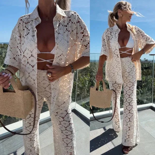 Fashion Lace Two Piece Set Lady Loose Lapel Half Sleeved Single Breasted Shirt Casual Trousers Suit Sexy Hollow Women Clothing