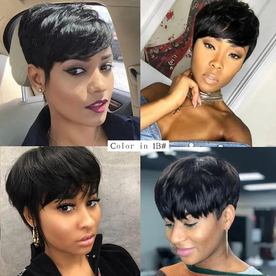 Short Pixie Cut Wig Human Hair For Women Machine Made Wigs With Bangs Brazilian Human Hair Wigs Cheap Pixie Cut WigsOn Sale - She Vibess By C2P
