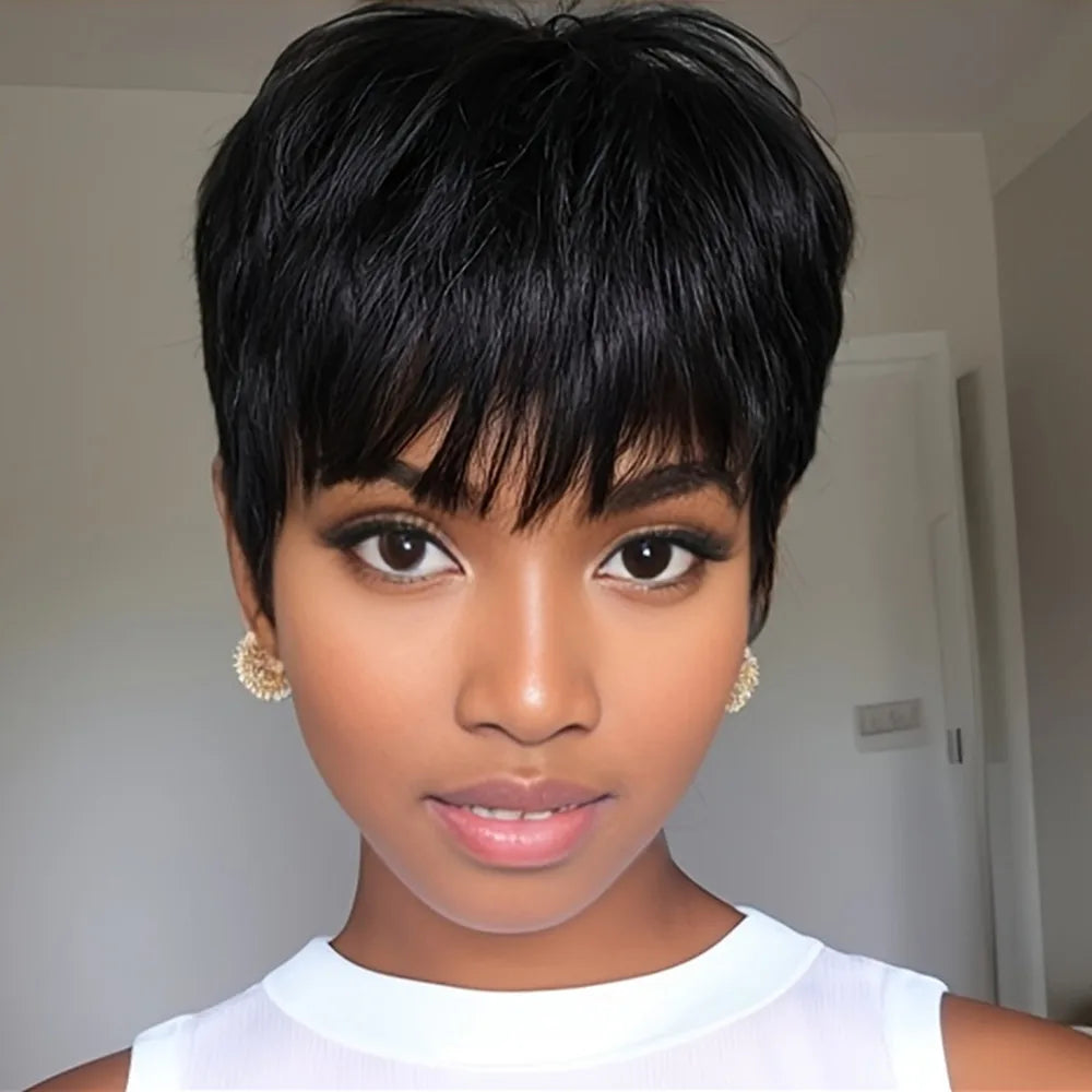 machine made short straight pixie cut natural black color 6inch 150% density human hair wigs for women daily use remy wig - She Vibess By C2P
