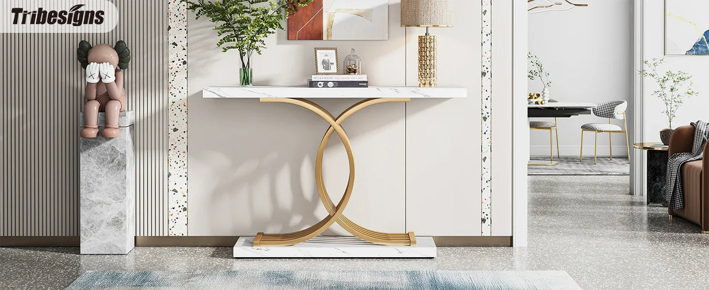 Tribesigns Gold Entryway Table, Modern 39-Inch Console Faux Marble Narrow Wood Sofa with Geometric Metal Legs - She Vibess By C2P