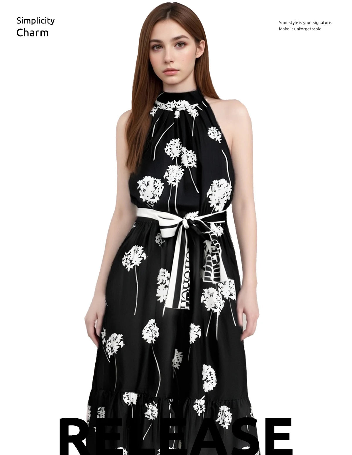 CHCH Women's Long Dress Summer New Black Printed Sexy Hanging Collar Dress Casual Party - She Vibess By C2P