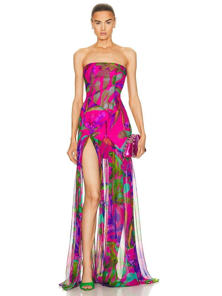 Summer Strapless Floral Printed Long Dress Women Fashion Sleeveless Print Split Maxi Dress Elegant Beach Party Evening Dresses - She Vibess By C2P