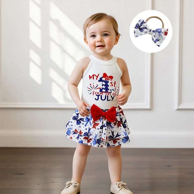 Independence Day Toddler Girls Outfit Set with Sleeveless Tank Top Bow Skirt and Headband - Patriotic Baby Clothes for 4th of - She Vibess By C2P