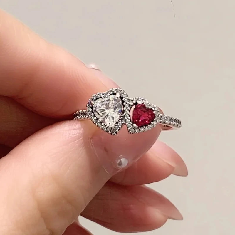 New in Rings Colorful Zircon Shining Red Heart-shaped Jewelry Sets Double Heart Classic Ring Necklace Earrings Luxury Jewelry - She Vibess By C2P