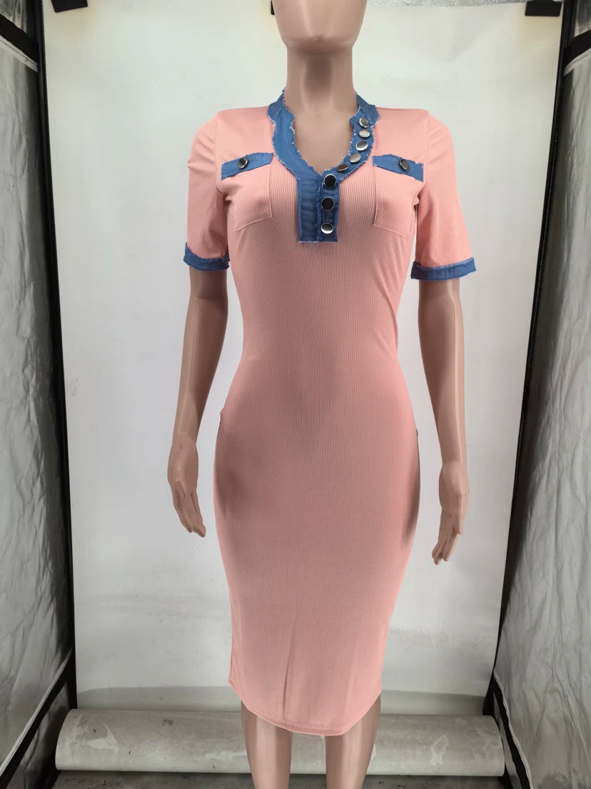CM.YAYA Women Button Front Denim Splicing V-neck Short Sleeve Midi Dress 2024 Summer Sexy Club Street Party Dresses Vestidos - She Vibess By C2P