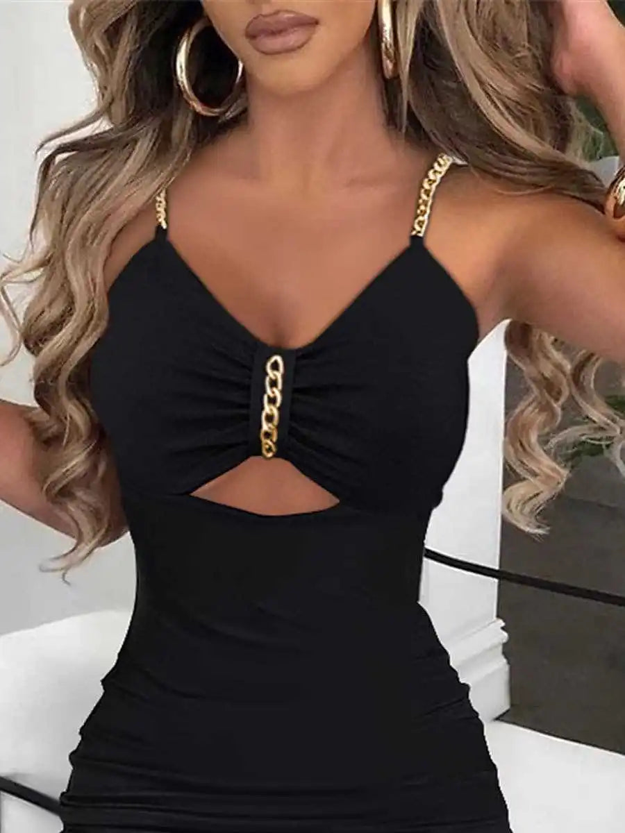 Slip Dress Women Sexy Sundress Split Chain Hollow Out V Neck Sleeveless Maxi Gown Bodycon Vestidos Party Sheath Dresses 2025 - She Vibess By C2P