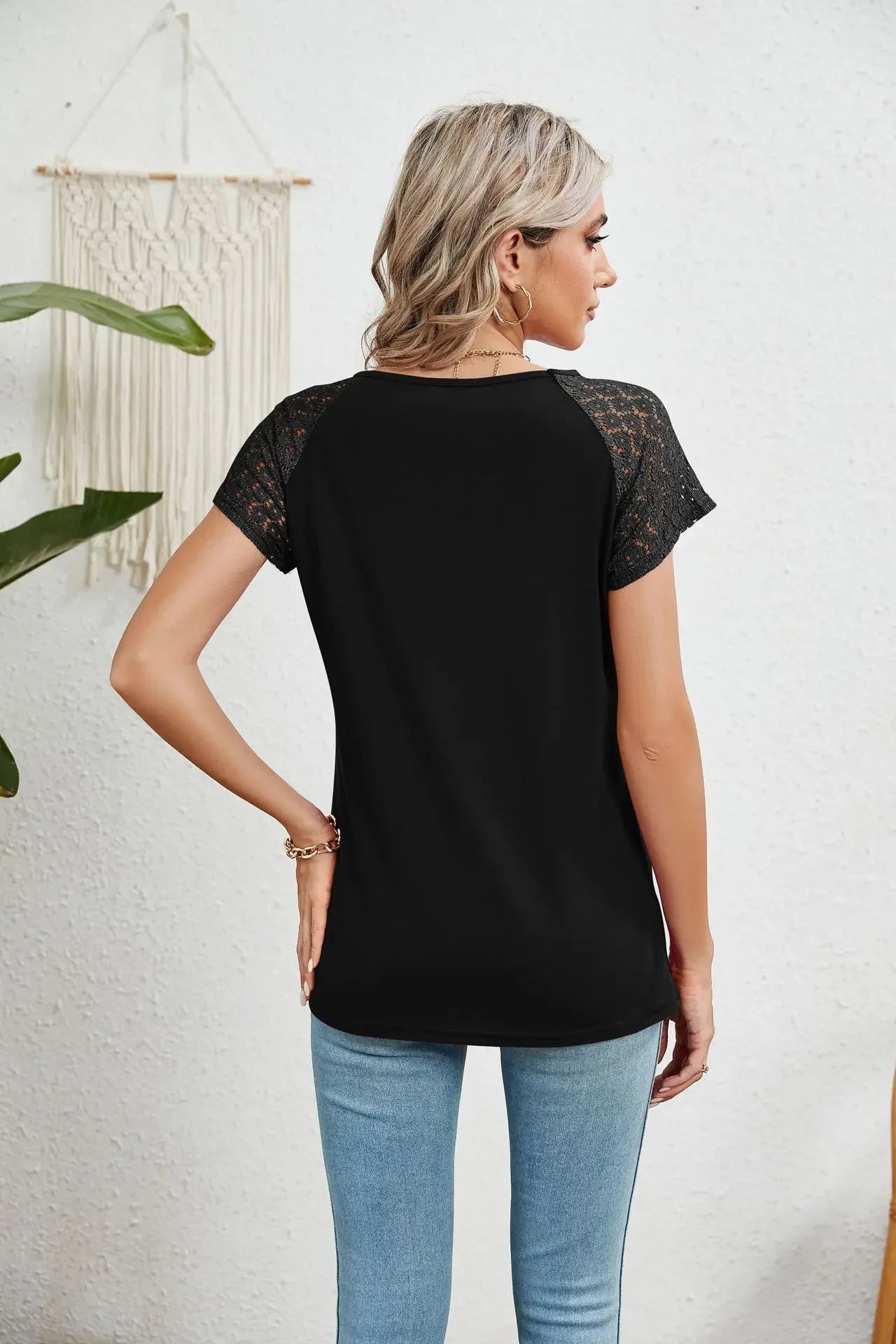2025 New Women Summer Top Solid Round Neck Lace Patchwork Short Sleeved T-shirt Top Casual Tops Unique Tees Women's Clothing - She Vibess By C2P
