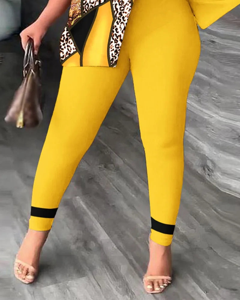 Elegant Women Two Piece Set Suits New Fashion Printed Ruffle Sleeve Top Solid Color Pants Set With Belt Blouses Female Clothing - She Vibess By C2P
