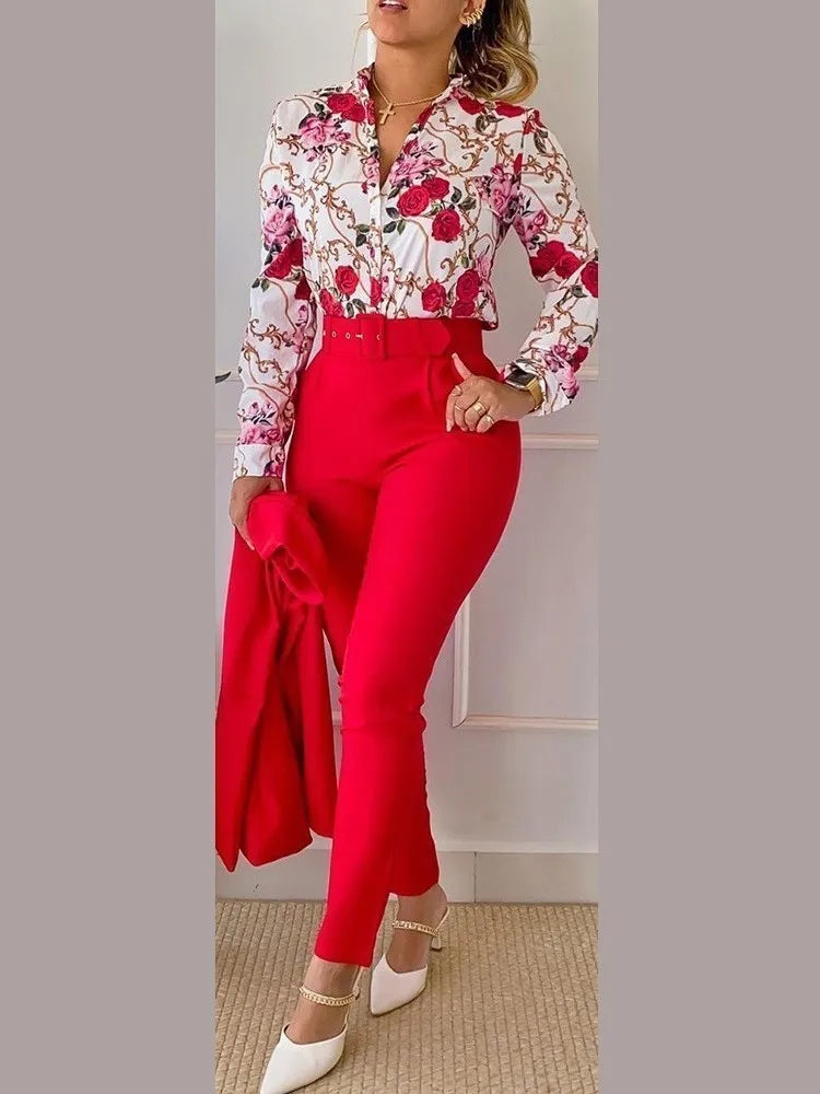 Autumn Winter Stand Neck Floral Print Long Sleeve Shirt Pants Two Piece Sets Elegant Women Casual Shirt Trousers Suits With Belt - She Vibess By C2P