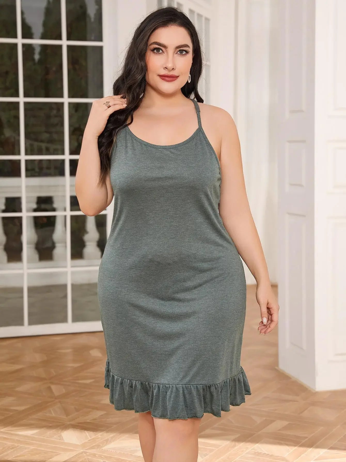Plus Size Halter Women's Dress Ruffle Hem Solid Color Sundresses V Neck Back Cut Out Sexy Summer Clothing A Line Dresses - She Vibess By C2P