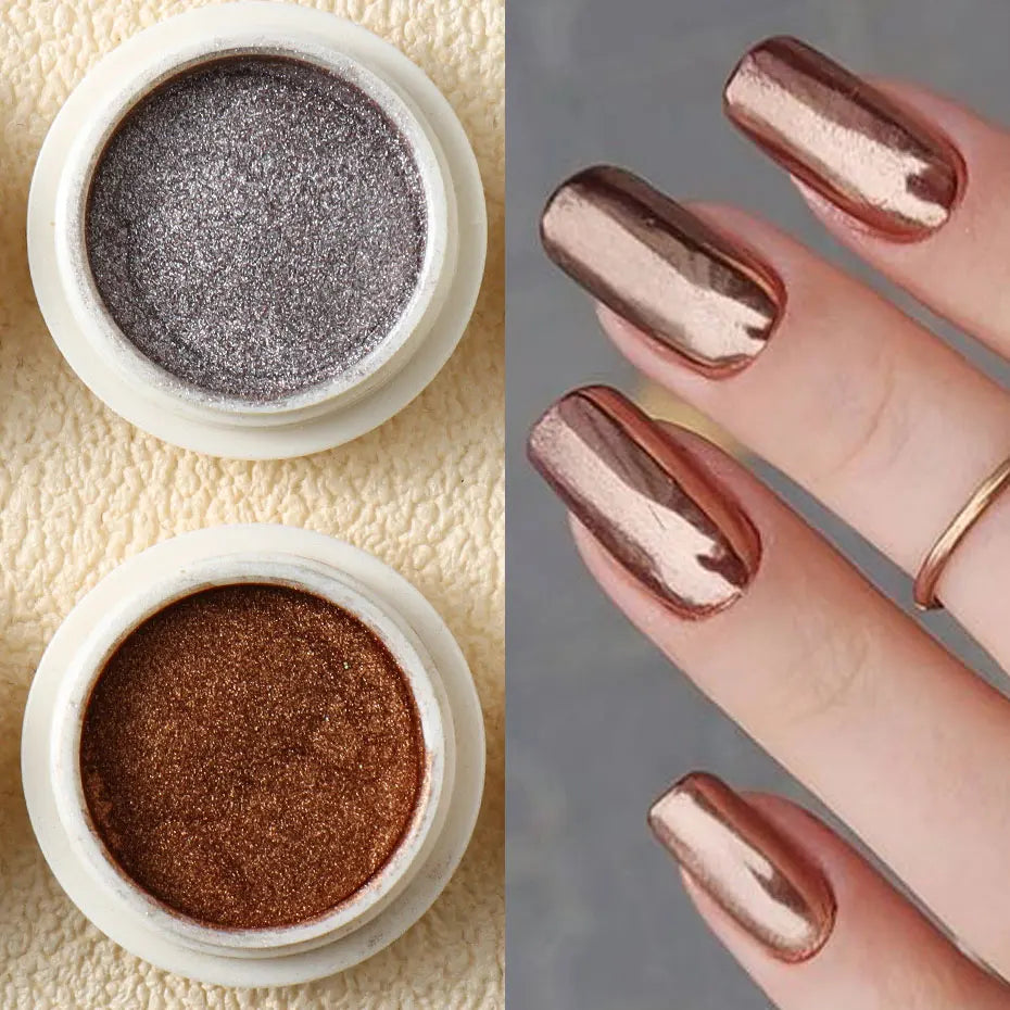 6pc Gold Metallic Mirror Glitter Nail Art Dust Rose Gold Silver Powder UV Gel Polish Chrome Rubbing Pigment Flake Manicure Decor - She Vibess By C2P